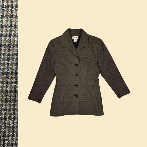 1990s womens blazer jacket, size 8 vintage plaid womens beige/black jacket - Picture 1 of 8